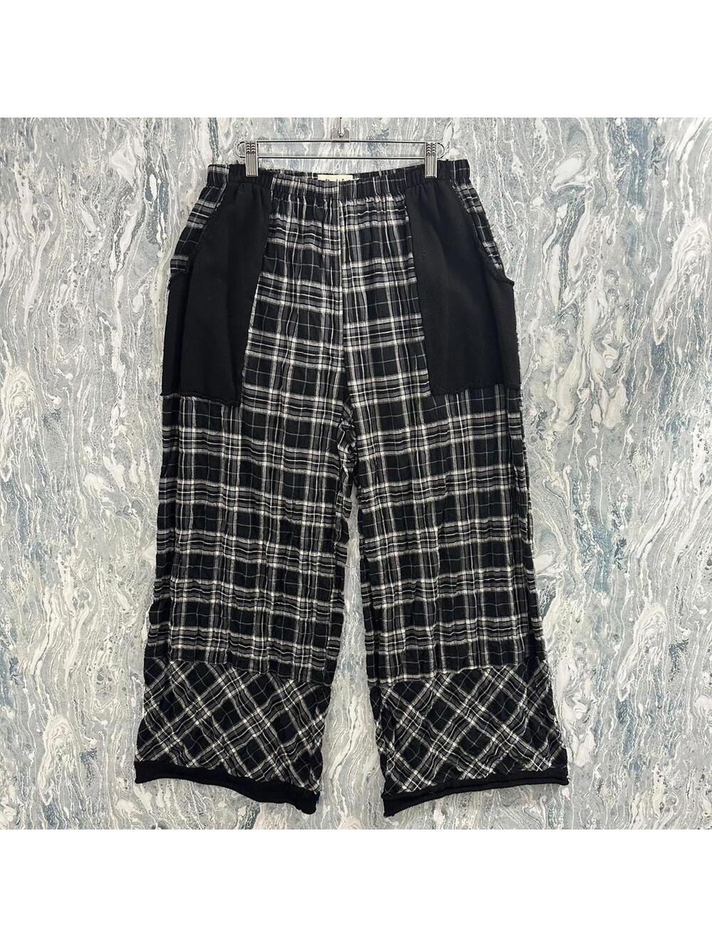 Designer black & white plaid checkered parachute pants (L)